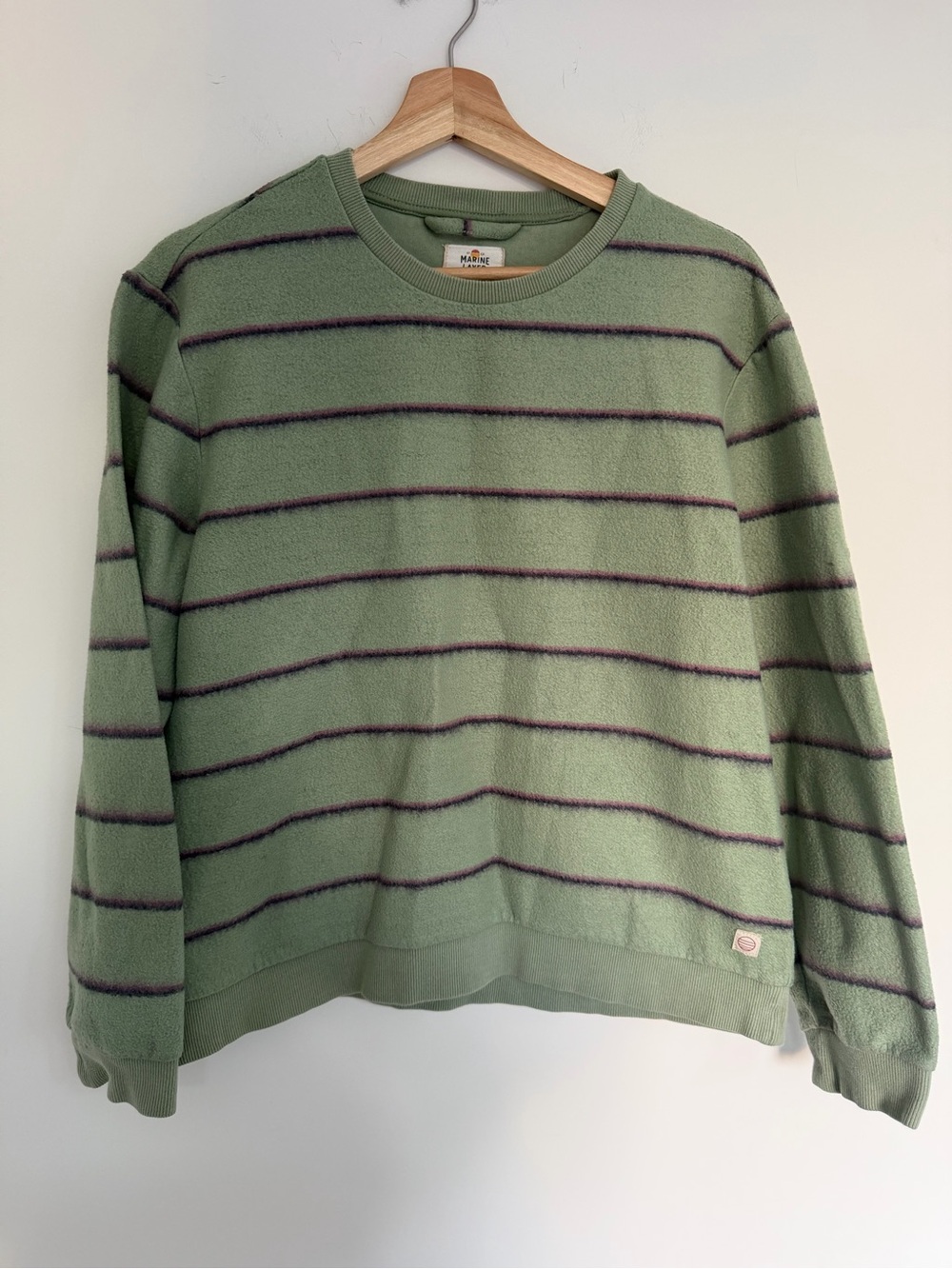 Marine Layer Green Crewneck Sweatshirt with Thin Dark Stripes